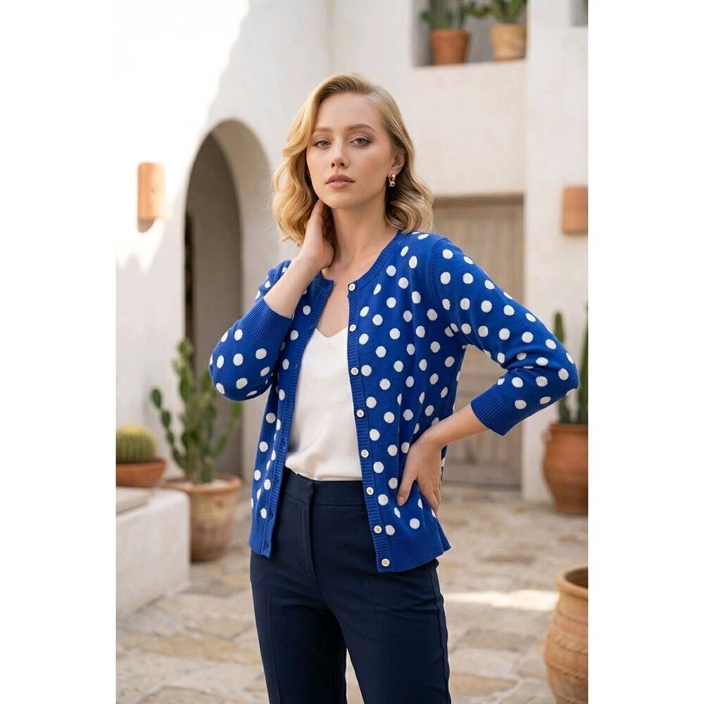 🔥NWT Blue w/White Polka Dot Button 3/4 Sleeve Sweater Large